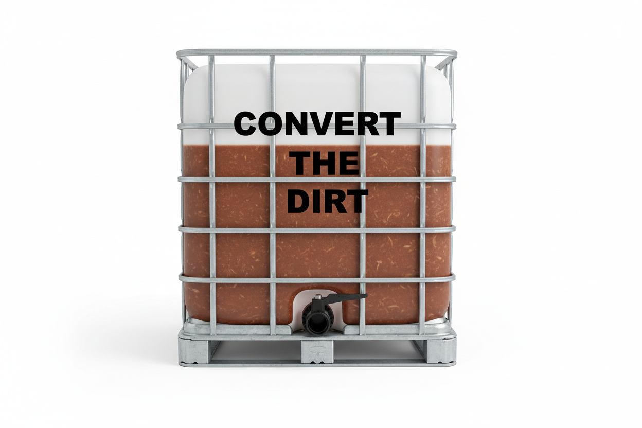 1000L flow bin tank of fish silage labelled with the words Convert the Dirt